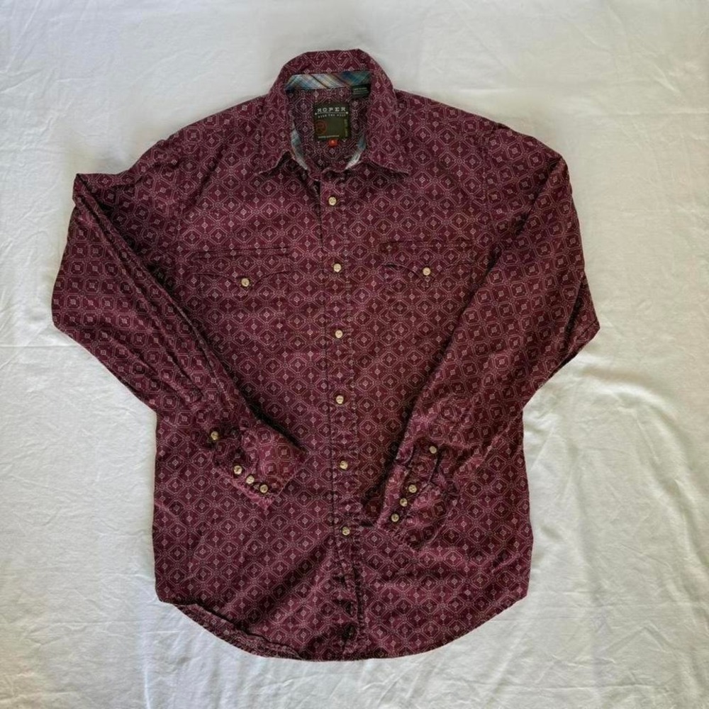 Roper Mens Burgundy Geometric Western Snap Shirt Long Sleeve Cotton Small Rodeo